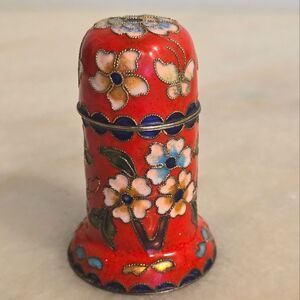 Vintage Cloisonne Red Floral Toothpick Holder Box Enamel Brass